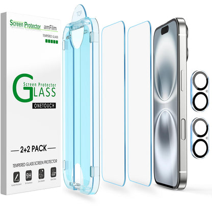 amFilm Auto-Alignment OneTouch for iPhone 16 [6.1''] Screen Protector + Camera Lens Protector, Tempered Glass, 30 seconds Installation, Bubble Free, Case Friendly, Anti-Scratch [2+2 Pack]
