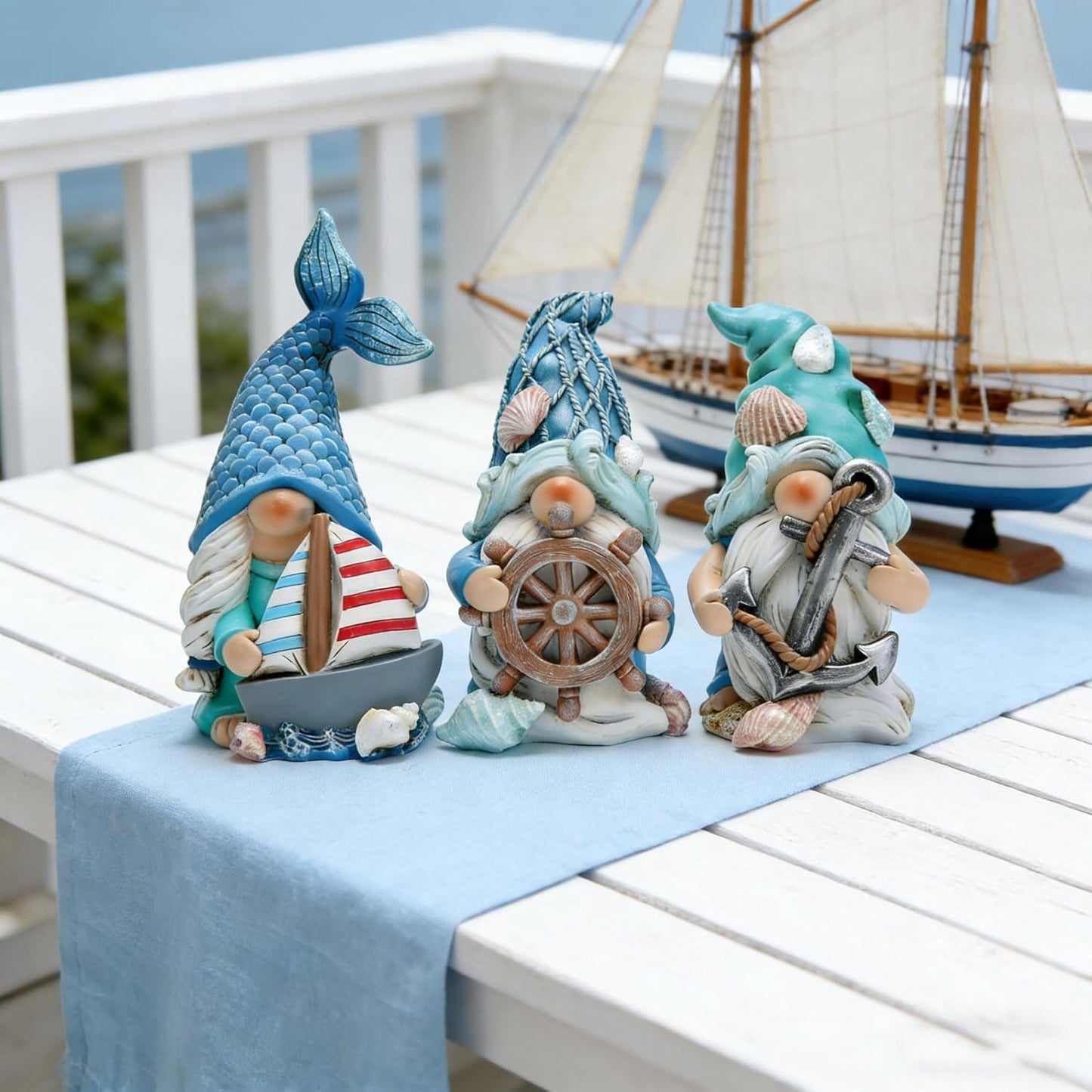 Hodao Coastal Nautical Gnome Figurines Set, Ocean Theme Resin Gnome Decor with Anchor Helm Sailboat, Beach Coastal Home Tabletop Decoration Gift for Spring Summer All Season