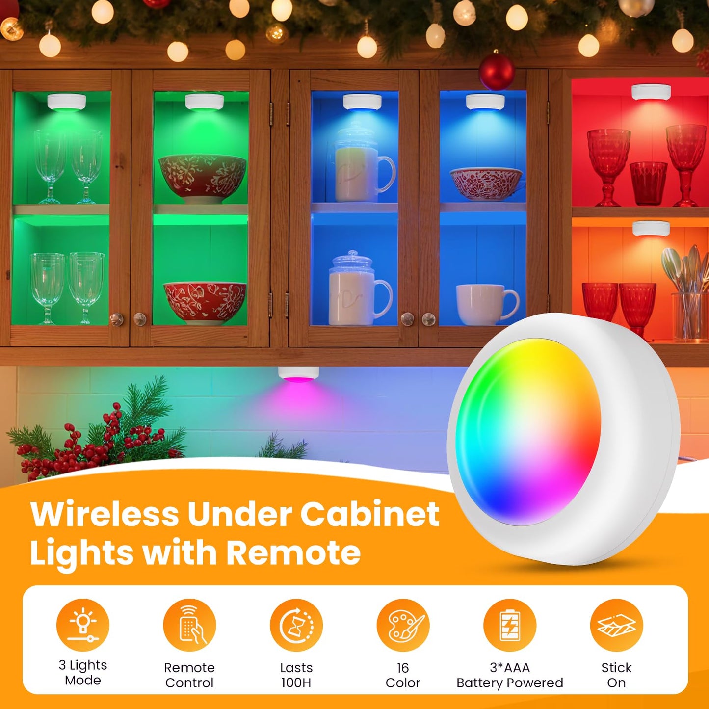 Ahuledlight LED Puck Lights with Remote Control, 16 Color Changing Wireless Under Cabinet Lighting with Dimmer & Timer, AAA Battery Operated,Under for Closet Bedroom Kitchen, Stair (12 Pack Black)