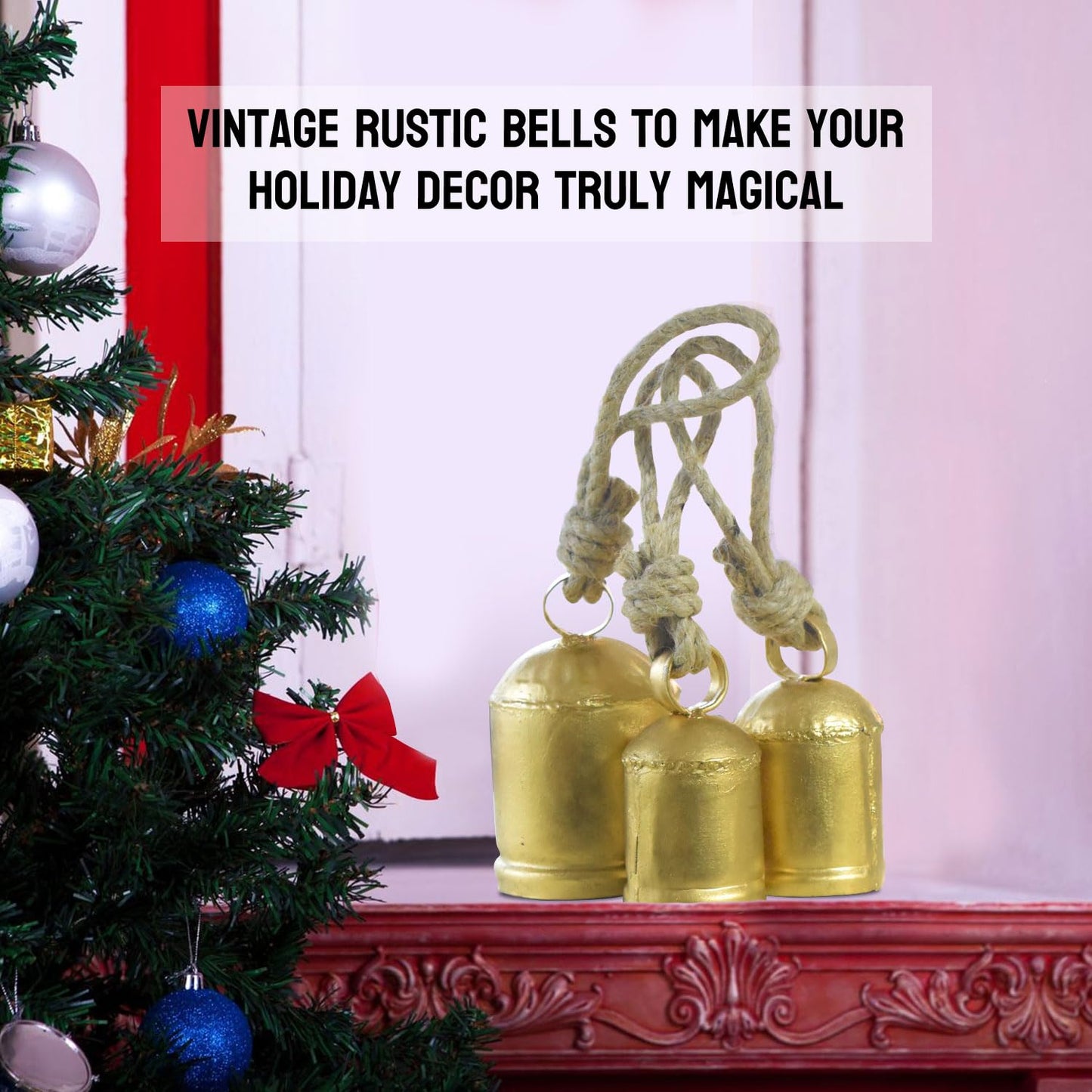 Christmas Hanging Large Cow Bells - Rustic Golden Metal Bells for Farmhouse, Garden & Holiday Décor (Medium (5”4”3” Inch))