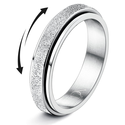 Diamday Fidget Rings for Women Men - 4mm Silver Spinner Stainless Steel Ring for Anxiety Stress Relief Glitter Sandblast Spinning Figit Anxiety Jewelry for Wedding Promise Size 8