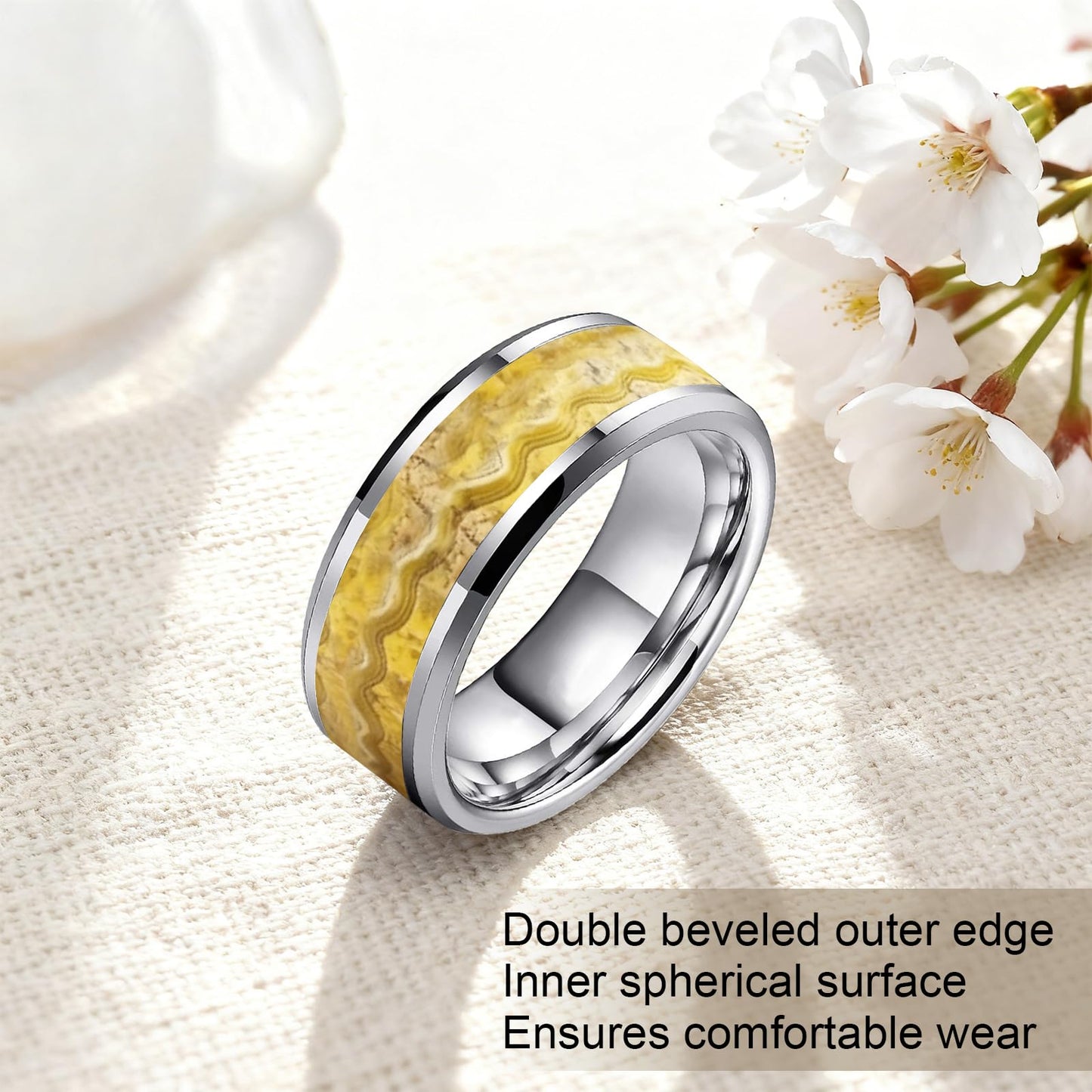 HJIMMNHONG New Carbon Fiber Fashion Rings Double Beveled Edge Delicate Polished Simple Stainless Steel Mens and Women Rings,8mm,Size Available (Flowing-sand Gold, 11)