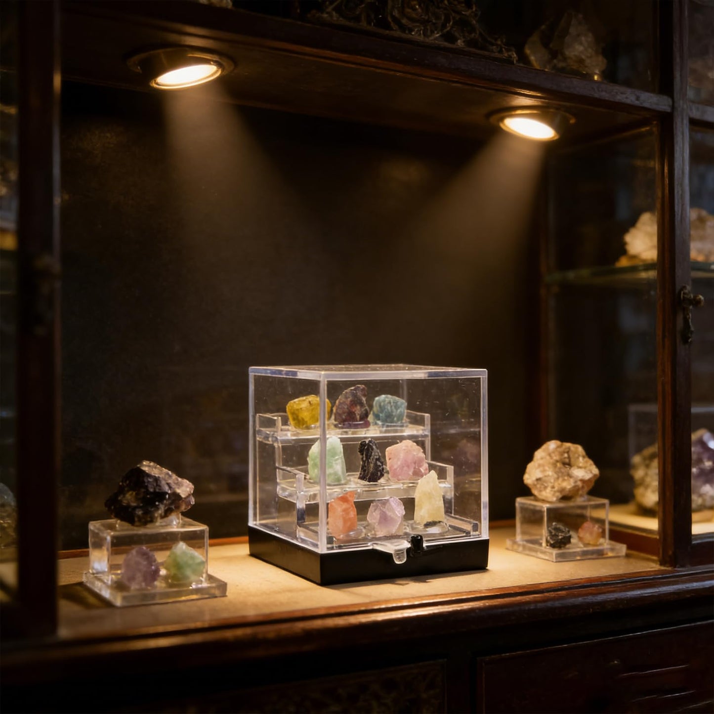 Rare Natural Naturally Mineral Specimen Collection Gift Box-9 Pieces Exquisite Minerals-Square Acrylic Tiered Display Case - Ideal Gifts for Mineral Enthusiasts,Geography Enthusiast-(Small)
