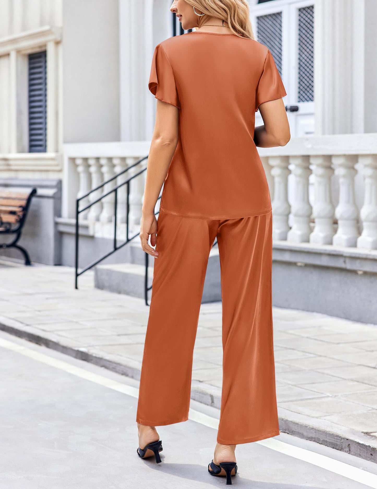 Ekouaer Women's Satin Silky Pajama Set 2 Piece Short Sleeve Shirt with Long Pants Pjs Sets Soft PJ Loungewear S-XXL