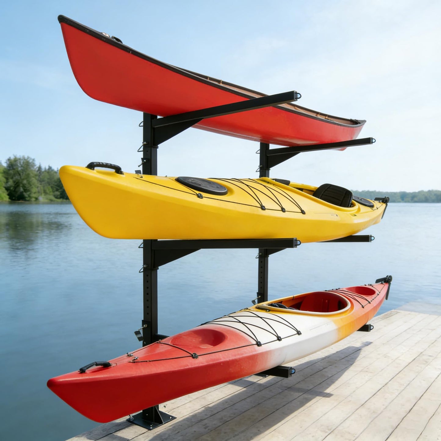 LAJIAOZ Heavy Duty Kayak Storage Rack for Dock/Garage, Adjustable Freestanding Kayak Stand or Wall Mount Kayak Rack, 3-Tier Indoor Outdoor Canoe Storage Rack for 3-4 Kayaks, SUP & Paddleboard
