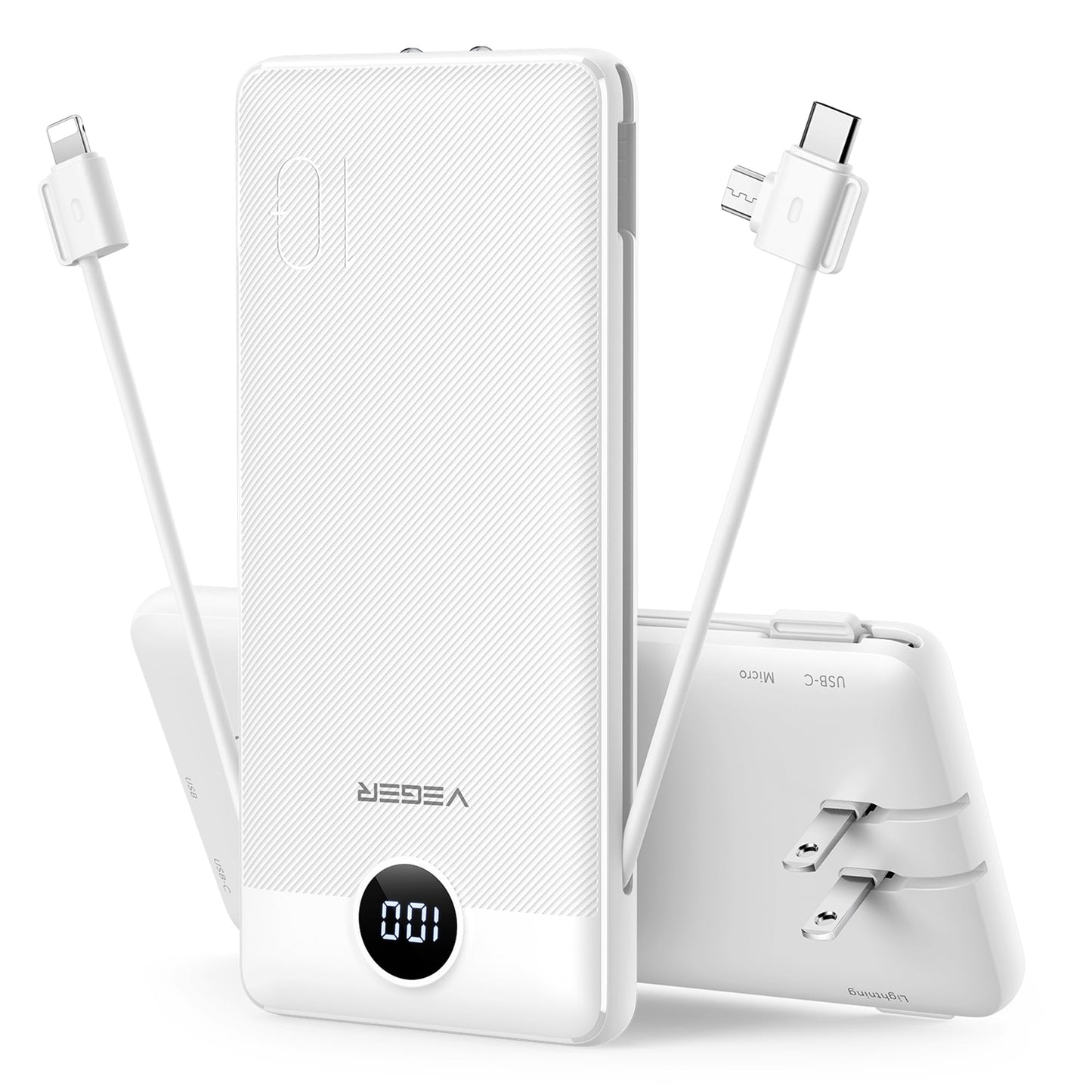 VEGER Portable Charger for iPhone Built in Cables and Wall Plug, 10000mah Slim Fast Charging USB C Power Bank, Travel Essential Battery Pack Compatible with iPhones, iPad, Samsung More Devices(Pink)