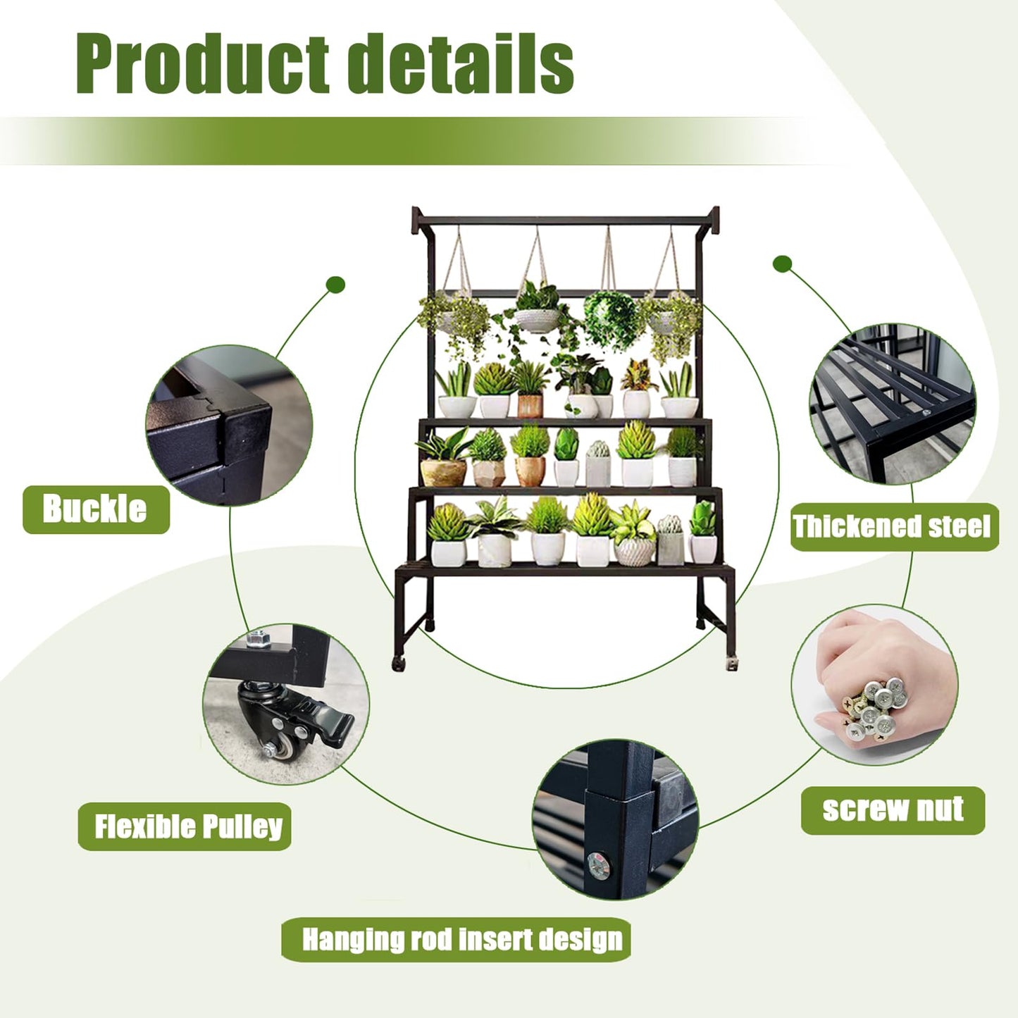 GFFQLXHT 4Tier Sturdy Metal Plant Stand with Wheels, 31x24x65 Inch HighBlack Multiple Tiered Flower Display ，Heavy Duty Succulent Shelf for Home Indoor and Outdoor，Stair Shape，440 LBS Capacity (31in)