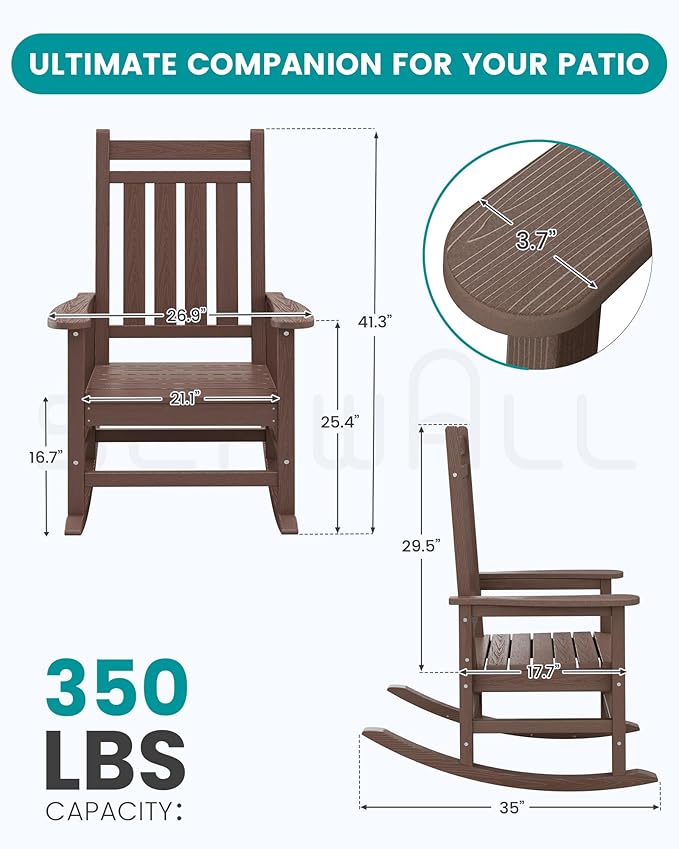 SERWALL HDPE Outdoor Rocking Chair Set of 8, Patio Rocking Chairs for Adults, All Weather Outdoor Rockers for Lawn, Brown