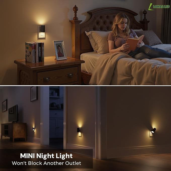 L LOHAS LED Night Light, Night Lights Plug into Wall, Light Sensor, 2 Level Brightness, Soft White 3000K, Mini Rotating Nightlight Plug in Wall for Adult Kids Hallway Bedroom Bathroom Stairway, 2 Pack