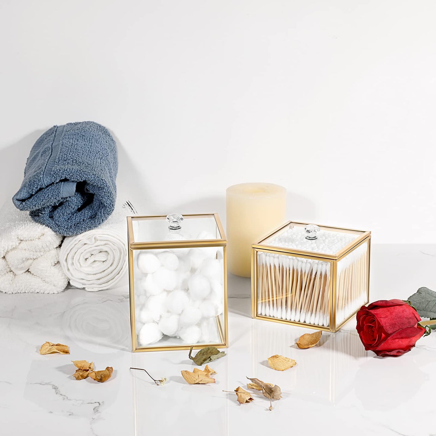 Hipiwe 2 Pack Glass Qtip Holder Dispenser With Lid Gold Bathroom Containers for Cotton Balls Makeup Sponges Bath Salts Candles Vanity Canisters Countertop Storage Organizer Jar