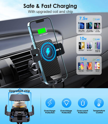 MOKPR Car Phone Holder Wireless Charger, 15W Wireless Car Charger, Auto-Clamping Car Phone Holder Charger Air Vent Mount Compatible for iPhone 15/14/13/12/11/X/8, Samsung S22/S21/S20, etc