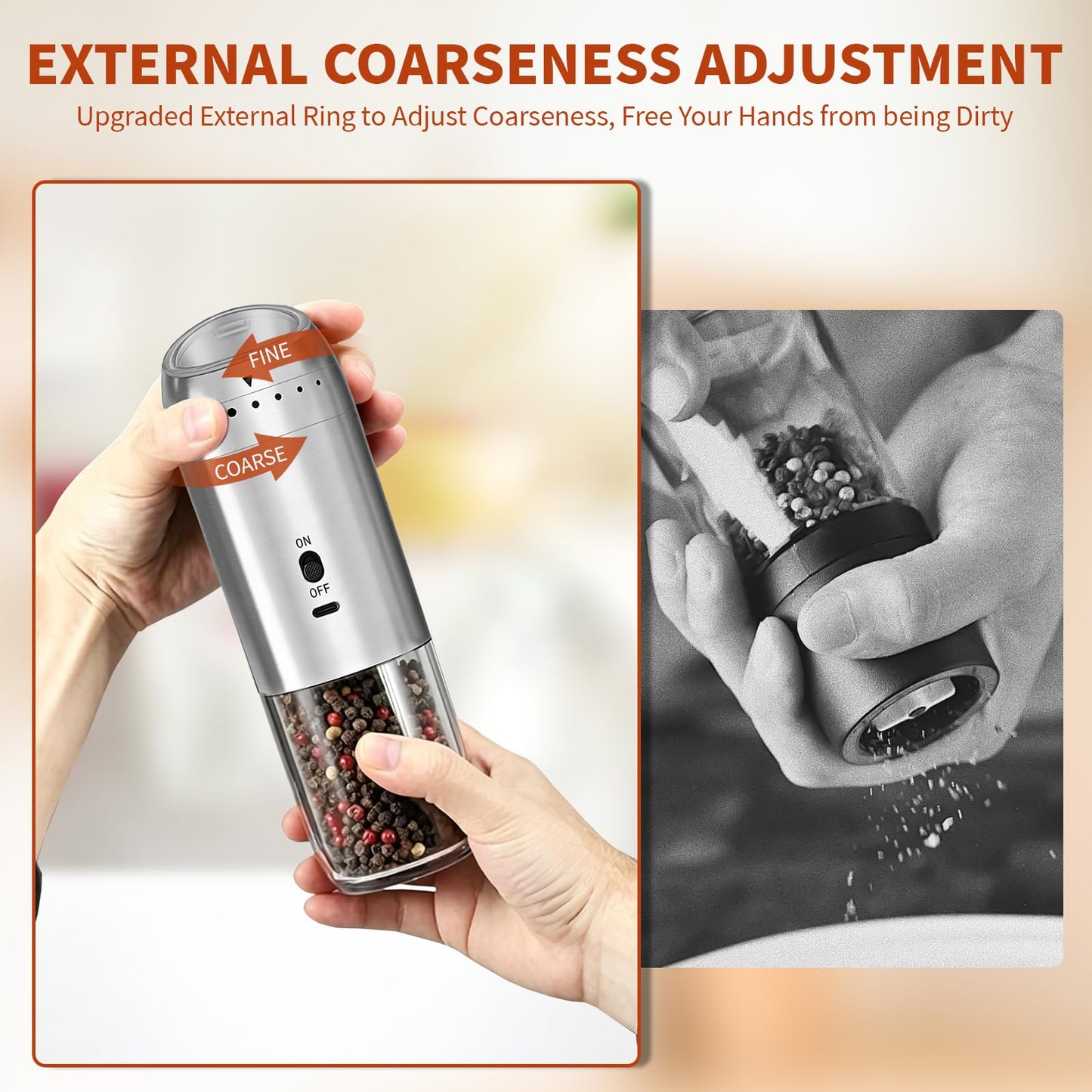 Electric Salt and Pepper Grinder Set, Automatic Enlarged 176ml Mill 2 Pack, Gravity-Sensing, Rechargeable Pepper Grinder, Stainless Steel, 6 Adjustable Coarseness, Kitchen Gadget Accessories