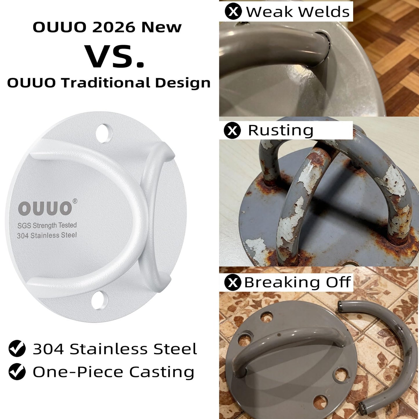 OUUO 304 Stainless Steel Wall Mount Anchor for Resistance Bands & Home Workout Straps, One-Piece Design Ceiling Bracket, Powder Coated Hook for Indoor & Outdoor Use (White)