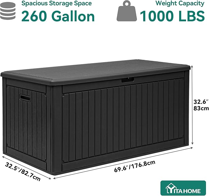 YITAHOME 260 Gallon Large Deck Box with Divider & Side Handles, Outdoor Double-Wall Storage for Patio Furniture Cushions, Garden Pool Accessories, Water Resistant & Lockable