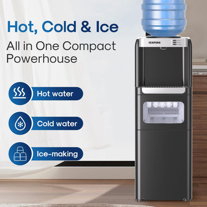 ICEPURE Water Cooler Dispenser with Build-in Ice Maker, Hot and Cold Water Dispenser with Bullet Ice Maker, 33lbs/24H, Child-Lock,Top Loading
