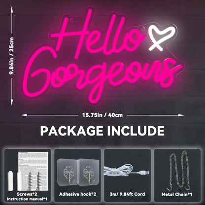 Hello Gorgeous Neon Signs Hello Beautiful Pink LED Neon Lights Dimmable LED Light Sign for Home Wedding Birthday Backdrop Bacelorette Party Decoration, Pink