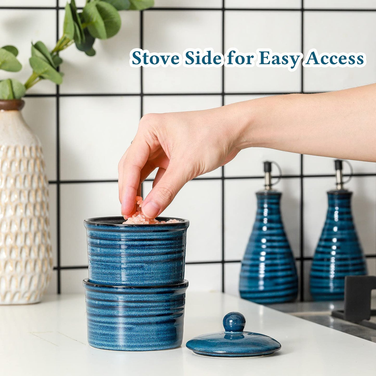 Hasense Ceramic Salt Cellar with Lid, 9 oz Salt and Pepper Bowls, Stacked Salt Box for Countertop Stovetop, Blue Farmhouse Kitchen Decor, Set of 2