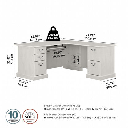 Bush Home Saratoga L Shaped Computer Desk with Drawers and Storage in Linen White Oak | Large Corner Office Table for Workspace