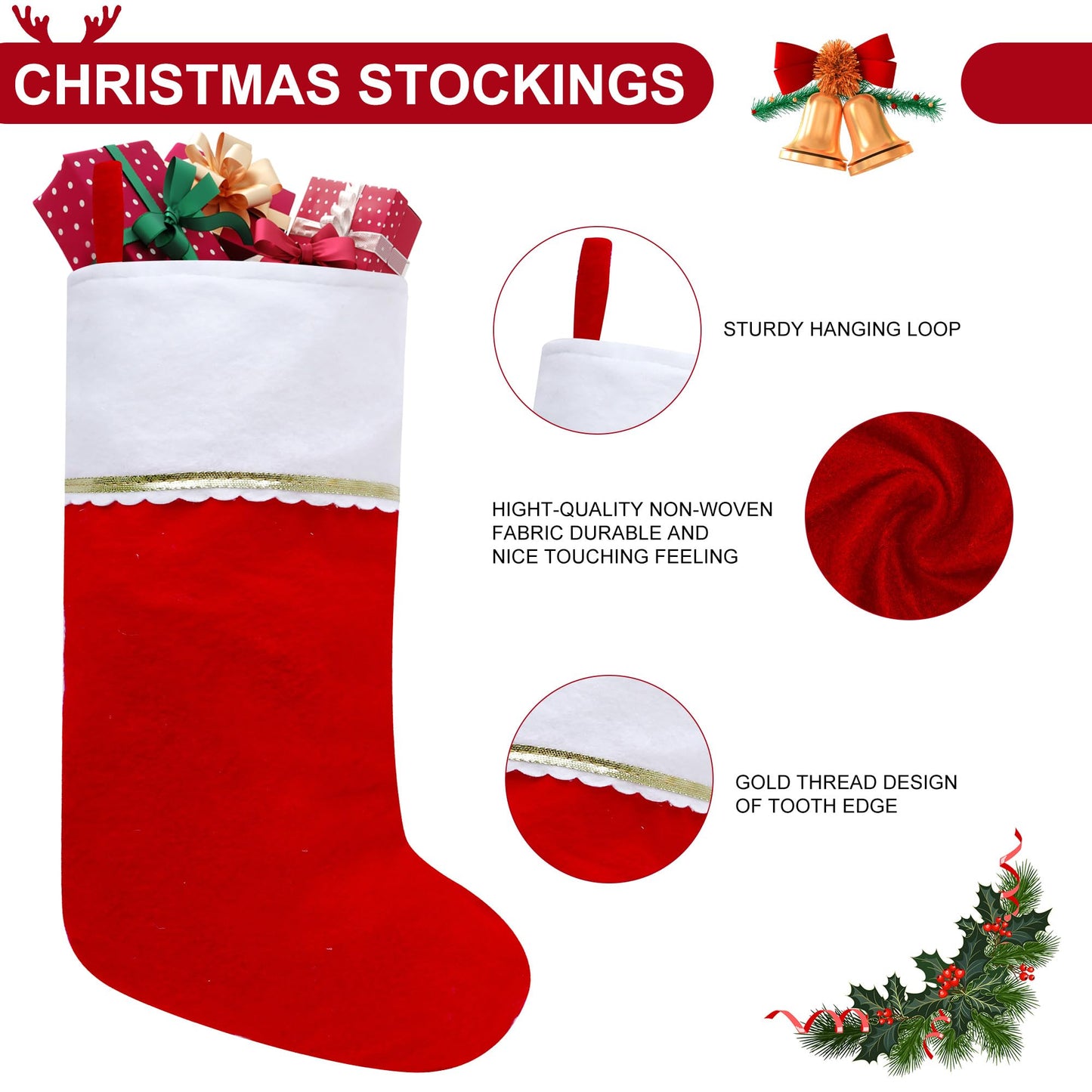 Subyan 12 Pack Felt Christmas Stockings, 19 Inches Red and Green Christmas Stocking Hanging Ornaments with Gold Trim for Family Christmas Holiday Decorations DIY Craft Large Xmas Stocking