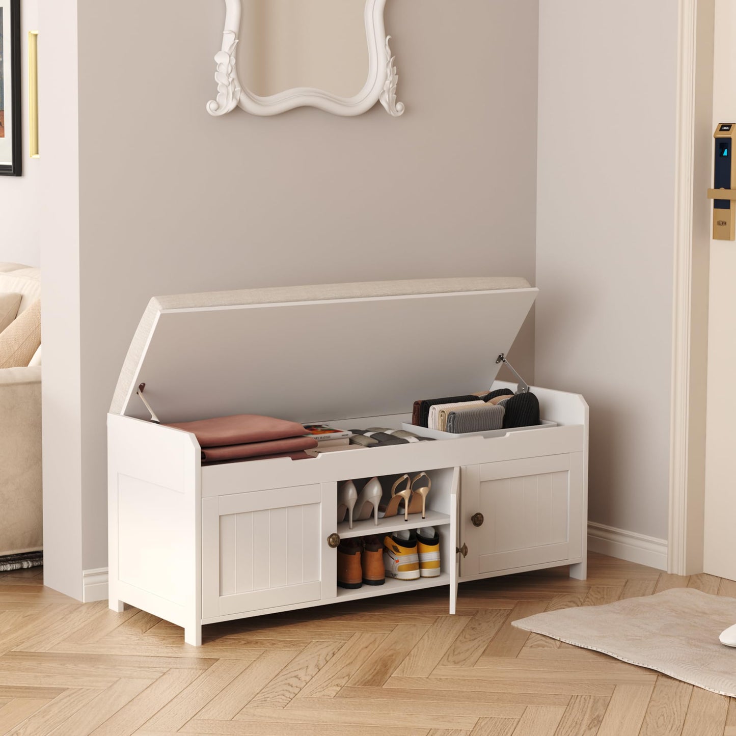 HOMEFORT 41.3" Shoe Bench with Lift Top Storage, Entryway Bench with Cushioned Seat, Wooden End of Bed Bench, Shoe Cabinet Bench with Hidden Storage Space, for Bedroom, Hallway,White