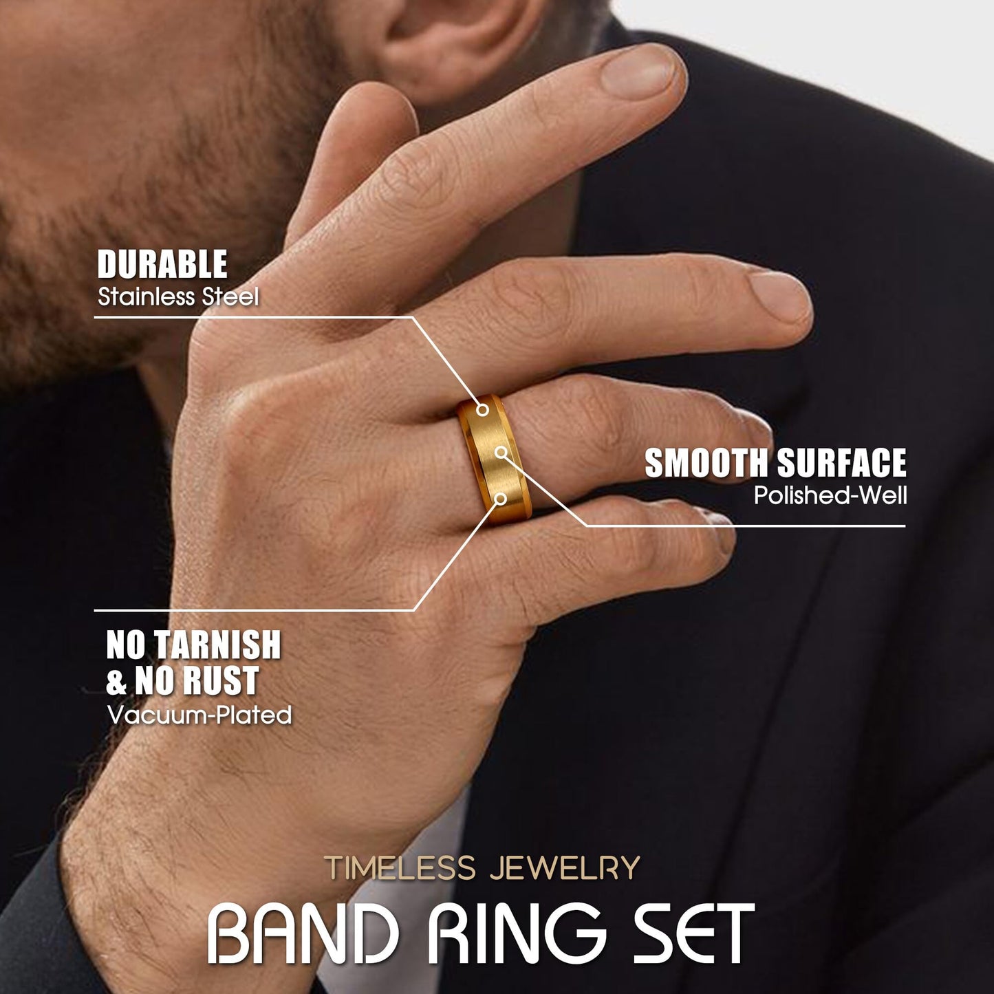 Jstyle Stainless Steel Rings for Men Women 8MM Wedding Band Rings Matte Surface - Beveled Polished Edge Mens Ring Size 8 18K Gold Plated Ring for Men