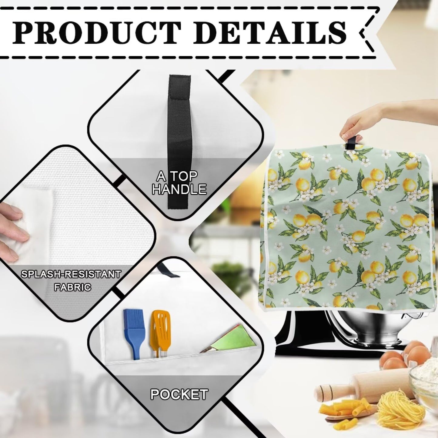 HUISEFOR Lemon Mixer Cover for Kitchen Aid 4.5-5 Quart Stand Mixers, Universal Kitchen Appliance Dust Cover Washable Dustproof Cloth Cover with Pocket for Kitchenware Gift for Holiday