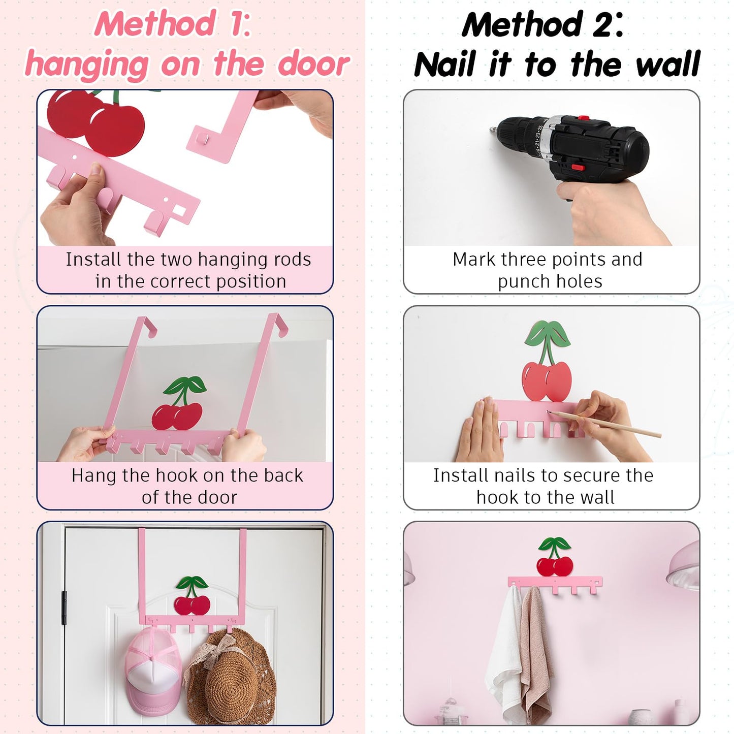 Reallnaive Cherry Over The Door Hooks Pink Cute Bathroom Decor Hanger Wall Mount Rack Holder for Towel, Hat, Coat, Cloth, Keychain, Bag, Home Organizer