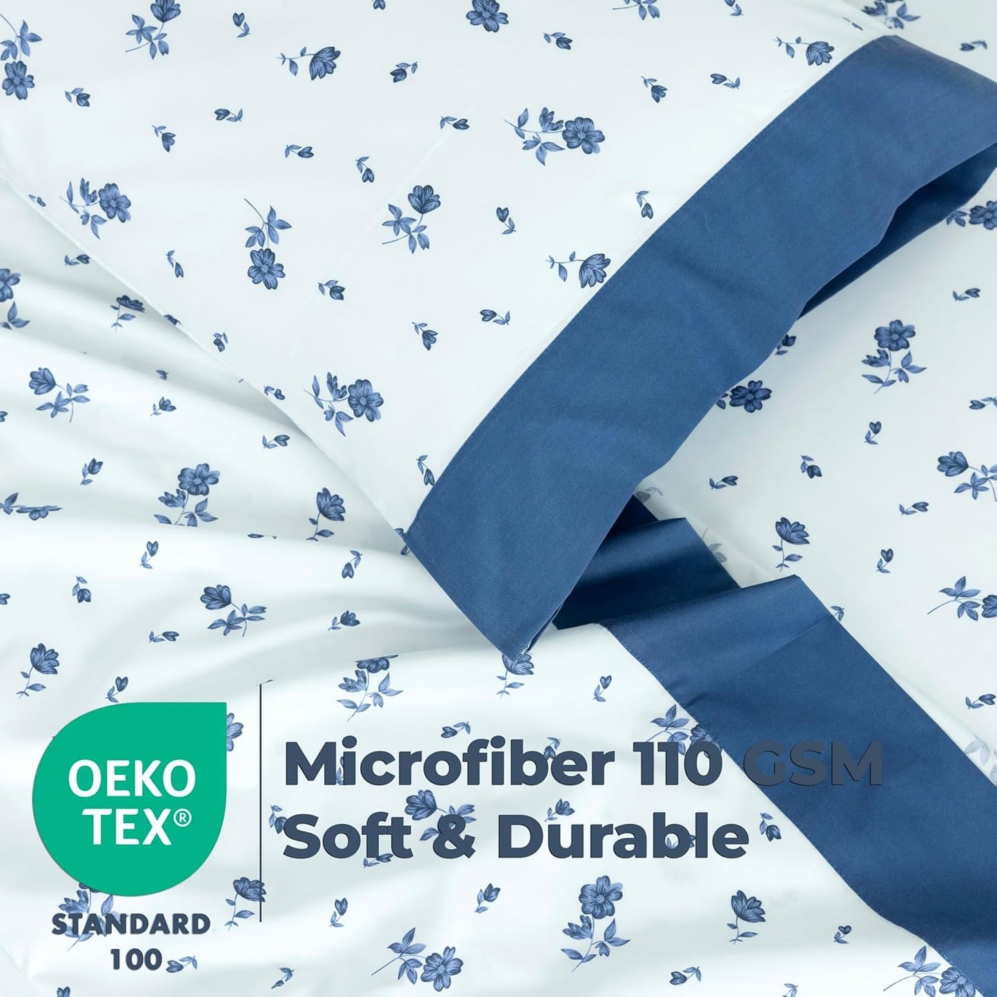 Dreamology Sheet Set King Size, 4 Pieces Microfiber Sheets, Printed Sheet Set with Solid Cuffed Detail,Include 1 Flat Sheet,1 Deep Pocket Fitted Sheet and 2 Pillowcases,King Bed Sheets – Blue Floral