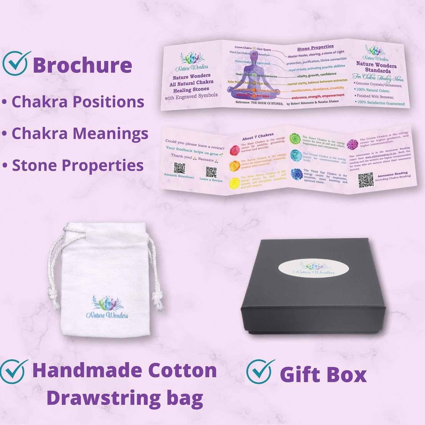 NatureWonders All Natural 7 Chakra Stone Set (Pyramid) with Engraved Symbols (Gift Box, Information Brochure & Pouch) - Healing Crystals, Balancing, Tumbled Palm Stone, Touchstone, Meditation