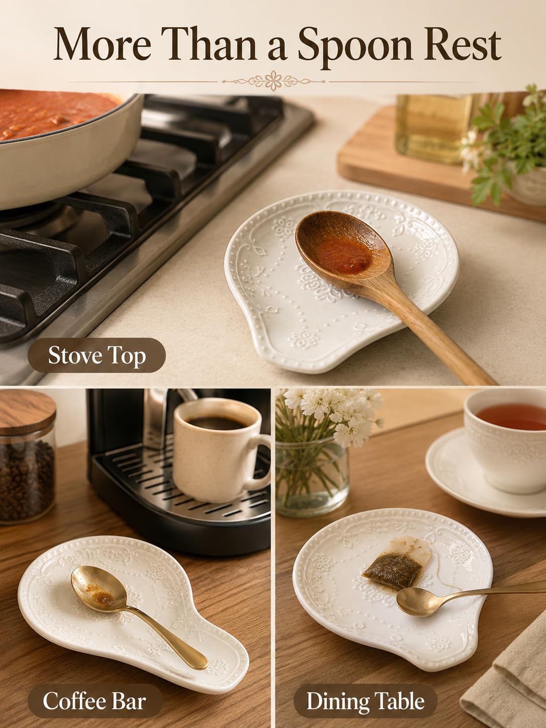 White Ceramic Spoon Rest for Kitchen Counter, 5.7" Spoon Holder for Stove Top, Floral Butterfly Embossed Cooking Utensil Rest, Dishwasher Safe Spoon Plate for Spatula, Ladle, Coffee Spoon