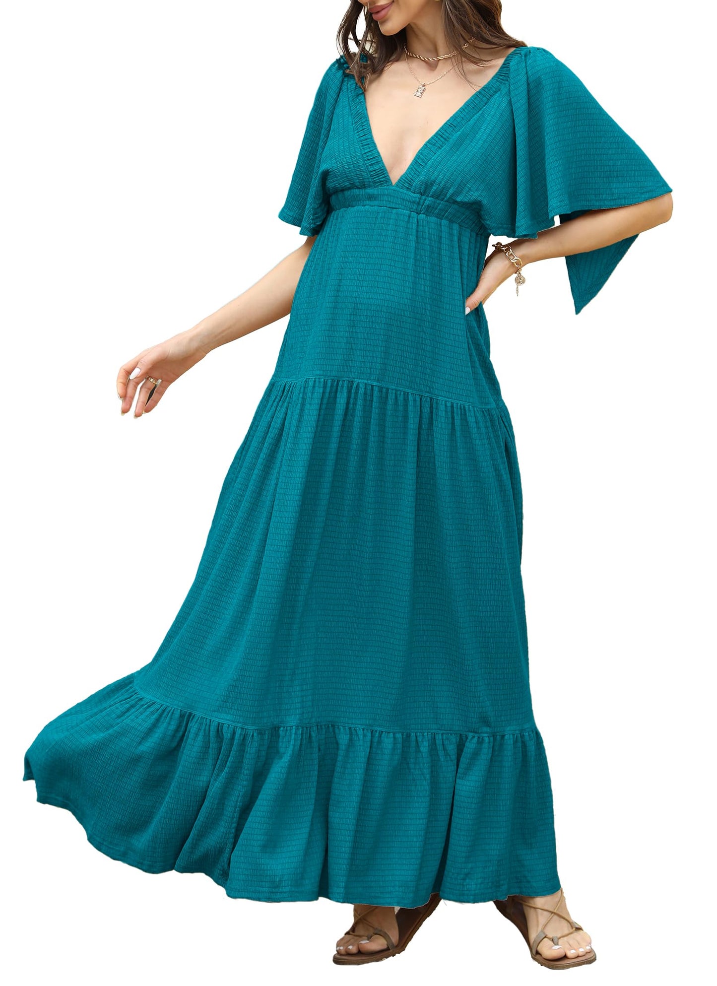 Kikibell Women Summer Dresses Sexy V-Neck Maxi Dress Tiered Silhouette with Flutter Sleeve Backless Elastic Waist Flowy Dress