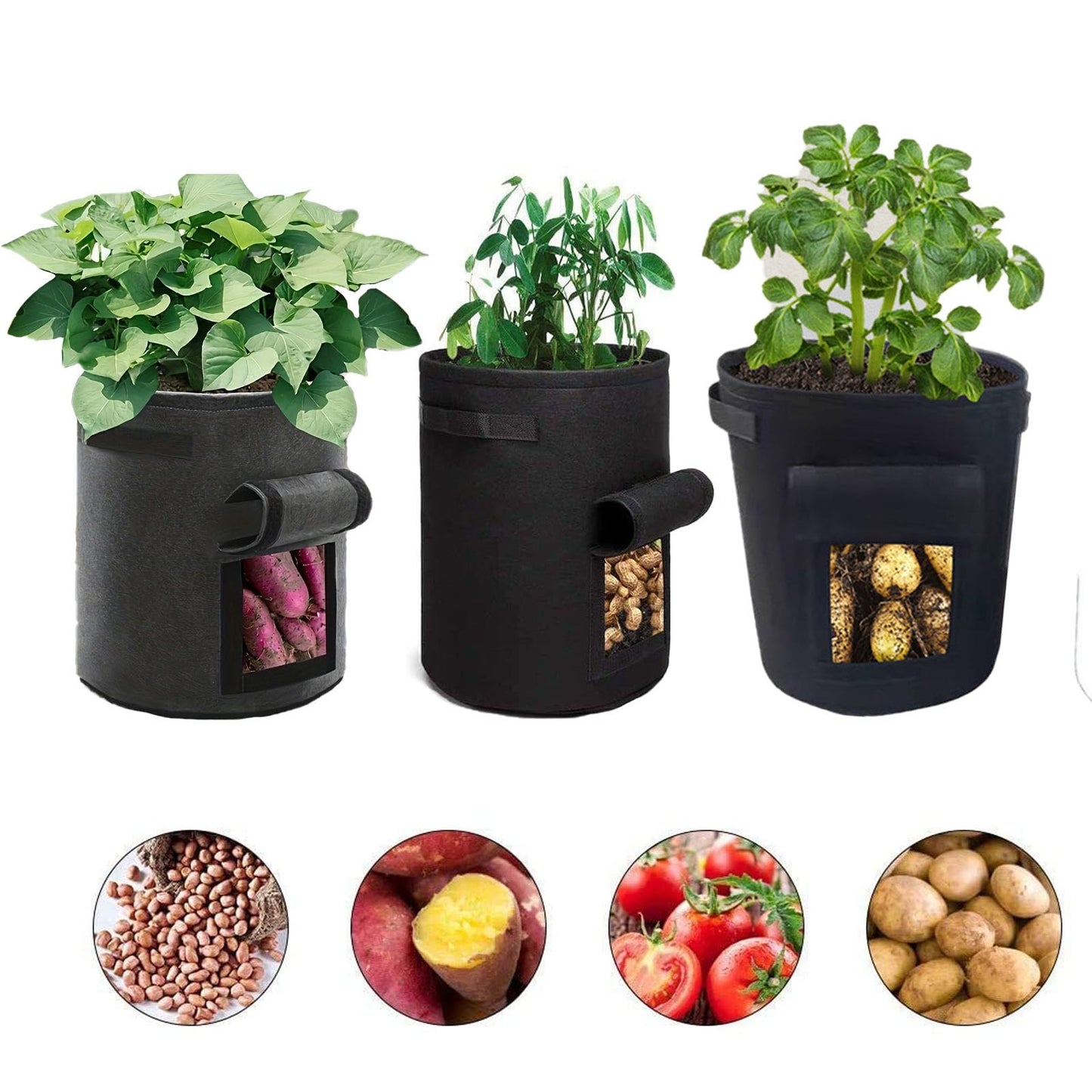 xingjieyun 3 Pack of 5-Gallon Potato Planting Bags with Harvest Viewing Window, Thickened Breathable Non-Woven Planters with Handles - Ideal Fabric Planting Containers for Plant Potatoes (Black)