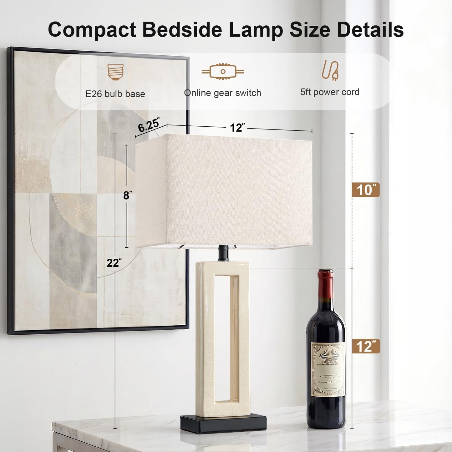 Vortether 22" Modern Ceramic Table Lamps Set of 2, Cream Crackle Glaze Hollow Bedside Lamps with Linen Shade, 5ft Cord Rotary Switch E26 Base Nightstand Lamps for Bedroom Living Room Entryway Decor