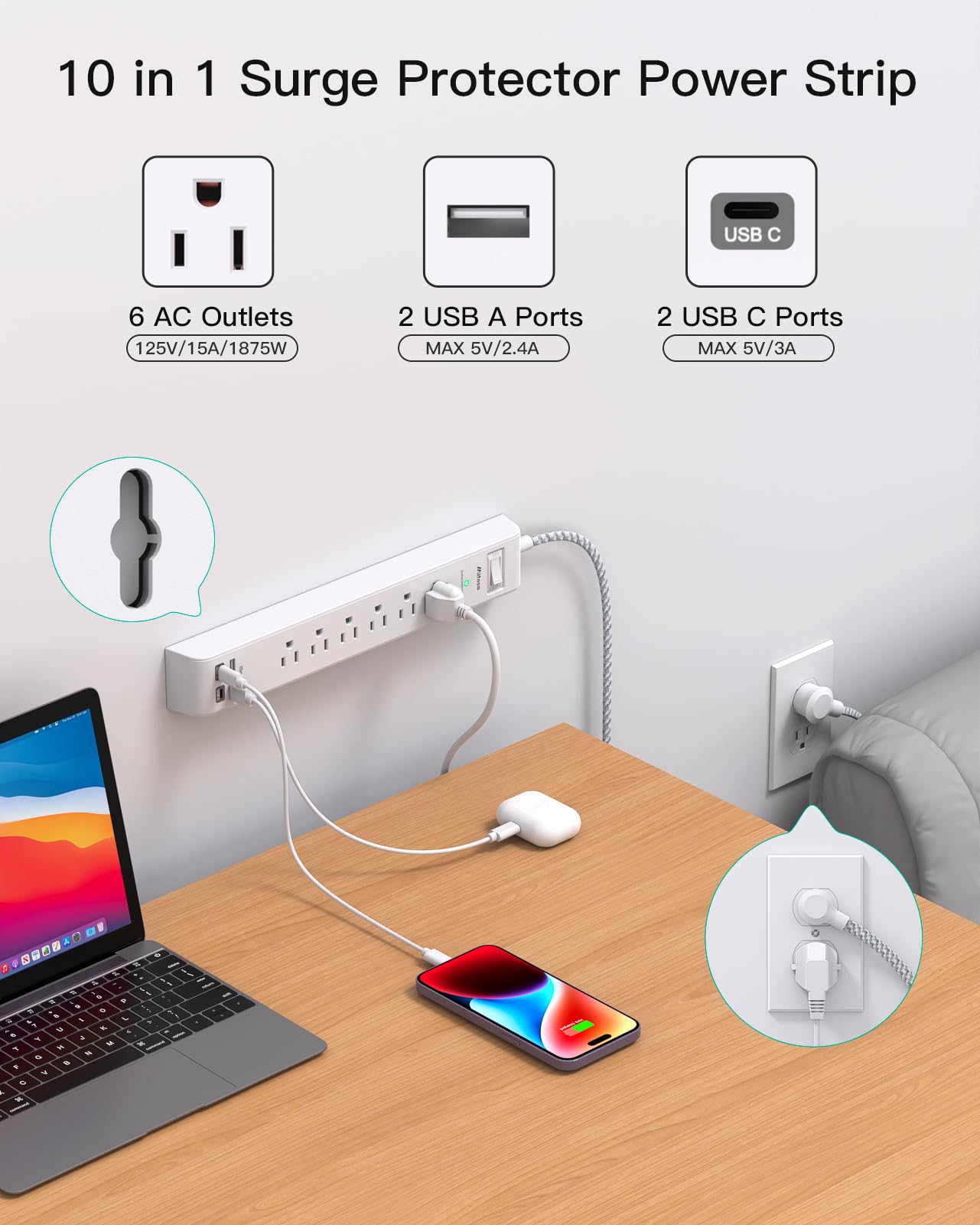2 Pack Power Strip, 12FT Long Extension Cord, Surge Protector with 6 Outlets and 4 USB Ports (2 USB C), Flat Plug Overload Protection, Extension Cord 10+ ft, Wall Mount for Home Office Dorm College