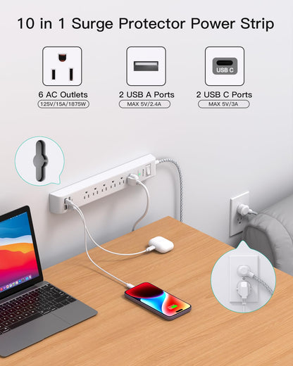 2 Pack Power Strip, 12FT Long Extension Cord, Surge Protector with 6 Outlets and 4 USB Ports (2 USB C), Flat Plug Overload Protection, Extension Cord 10+ ft, Wall Mount for Home Office Dorm College