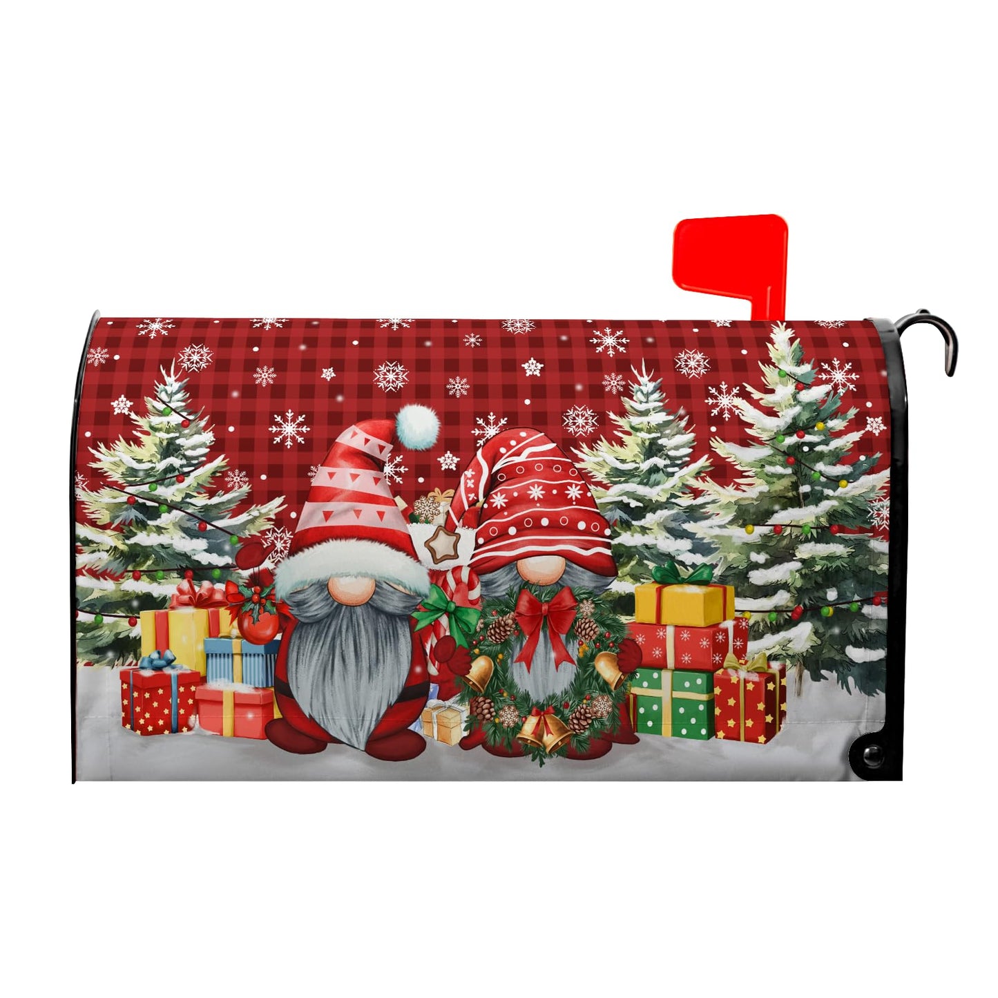 Christmas Winter Gnomes Mailbox Covers Magnetic Buffalo Plaid Xmas Gift Winter Tree Snowflake Mailbox Cover 21" X 18" Waterproof Mail Box Covers Magnetic Standard Size for Yard Home Decor