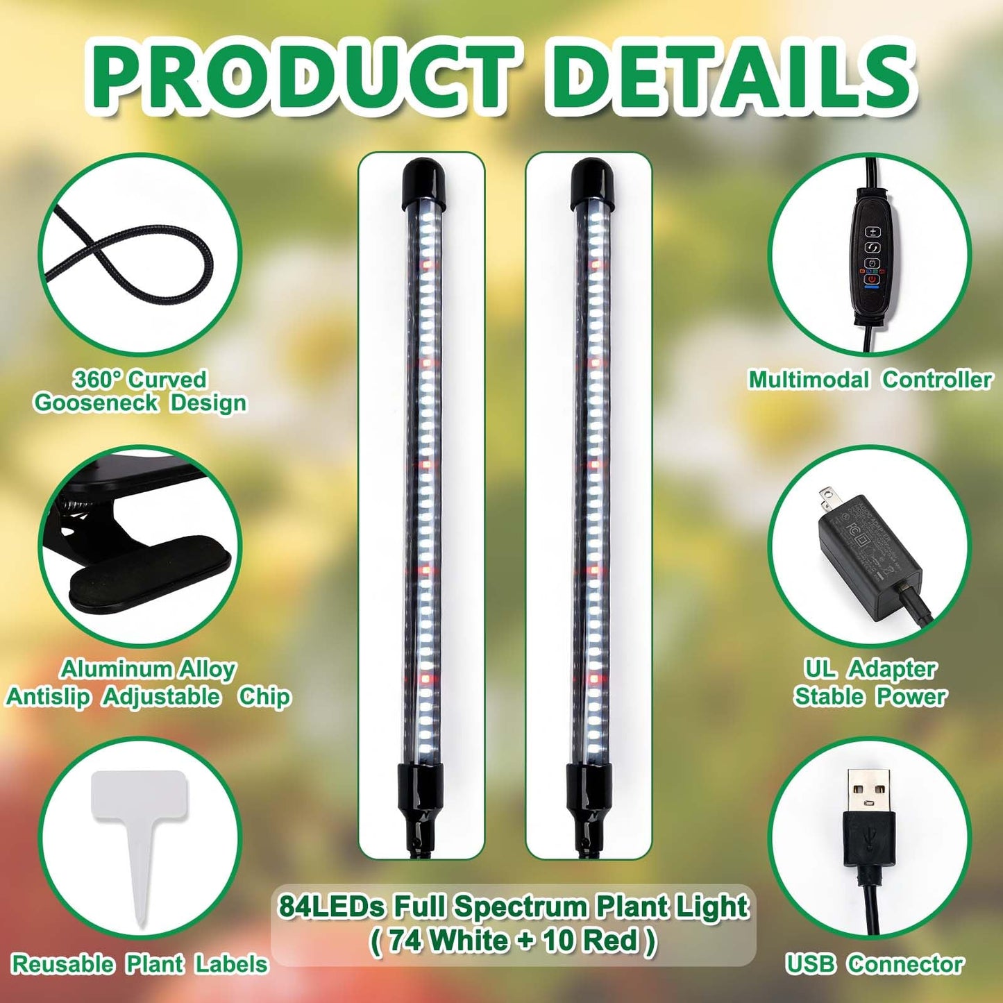 TOEKSIX Full Spectrum 84 LED Grow Light for Indoor Plants, 6500K Plant Light with 4/8/12/18H Timer, 10 Dimmable Levels & 3 Modes, Clip-On with UL Adapter & 8.2FT Long Cord
