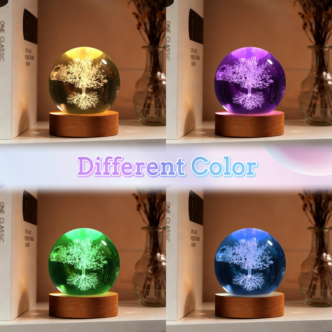 YATOJUZI 3D Tree of Life Crystal Ball 2.4" Laser Engraved Glass Ball with Lighted Base Tree of Life Night Light Decor Crystal Sphere Gifts for Women Birthday