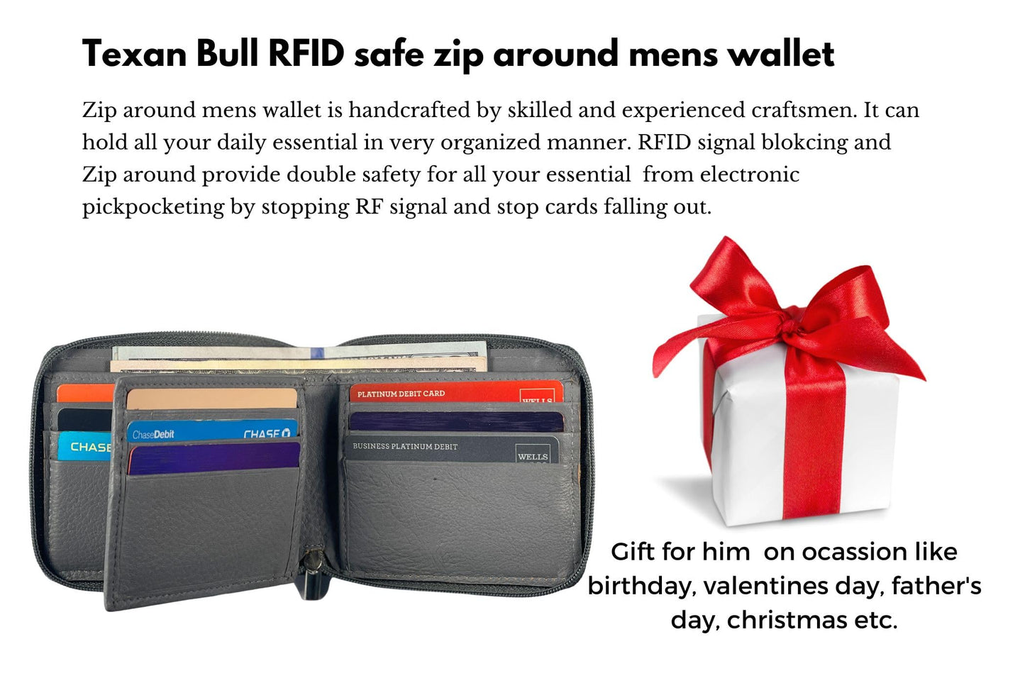 Texan Bull RFID Blocking Bifold Cowhide Leather Wallets For Men With Zipper Security | Safe Metal Zip Chain 9 Card-ID Slim Minimalist Mens Wallet (Gray)