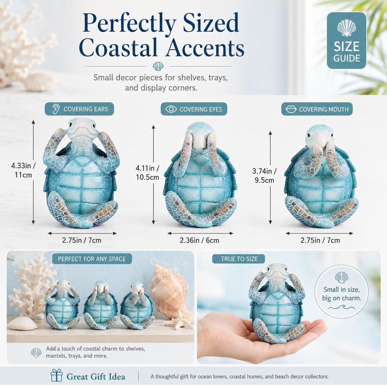 Wise Sea Turtle Sculpture Decor Set of 3,Hear See Speak No Evil Figurines,Summer & Coastal Bathroom Shelf Accents,Blue Ocean Statues for Beach House,Tiered Tray Mantel Decor,Sea Turtle Gifts for Women