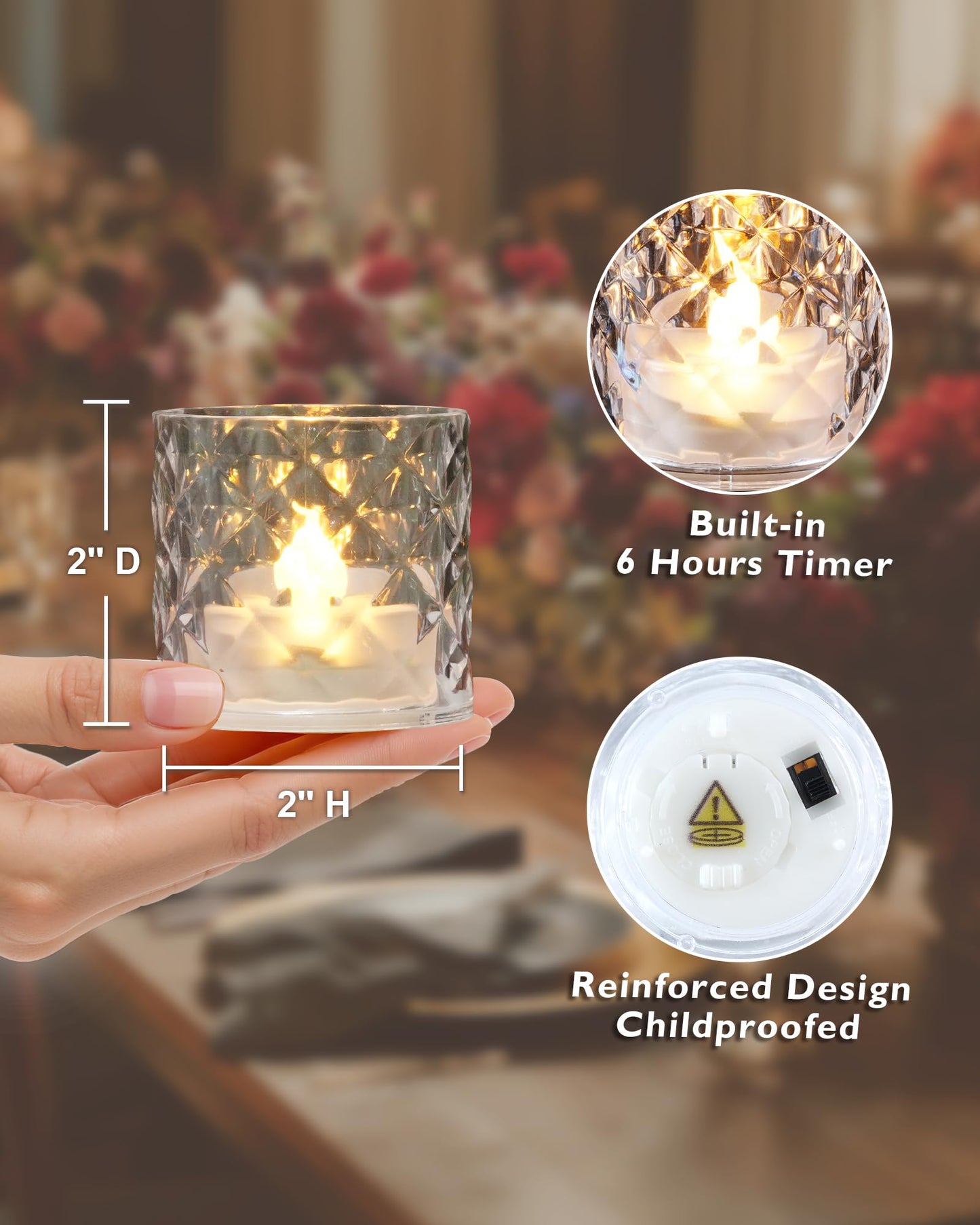 Homemory 2" x 2" Acrylic Votive Candle Holders with Auto Timer Flameless Led Tealight, Battery Powered Fake Electric Candles for Wedding Centerpiece, Table, Christmas Decor (6Pack, Clear Base)