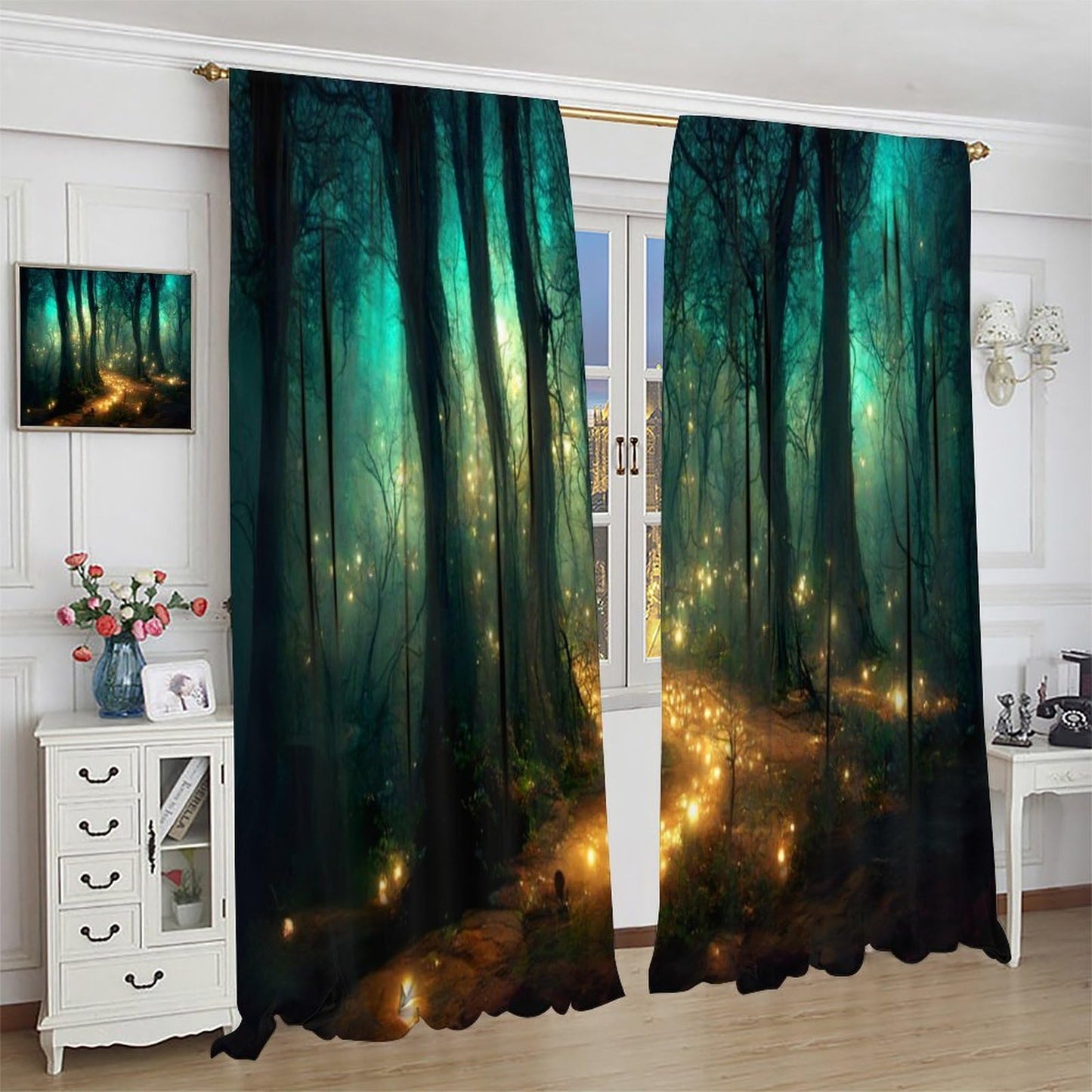 SHElifestyle Fantasy Forest Curtains, Enchanted Trees Dreamy Mist Gothic Forest Glowing Lights Landscape Window Treatments Drapes for Bedroom Living Room W42 X L45