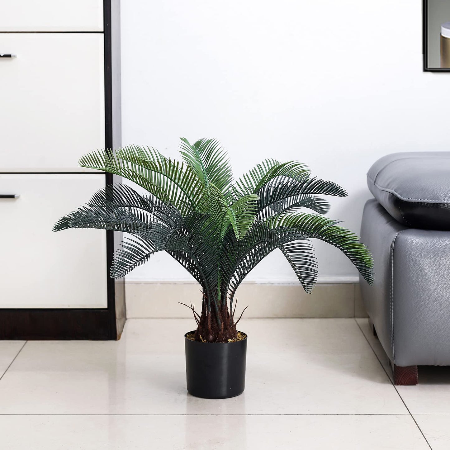 ALLTOP TURF Nearly Natural 20" Artificial Cycas Plant(18 Leaves) Fake Revoluta Sago Palm Tree for Indoor Home Garden Office Store Floor Decoration, with Black Pot