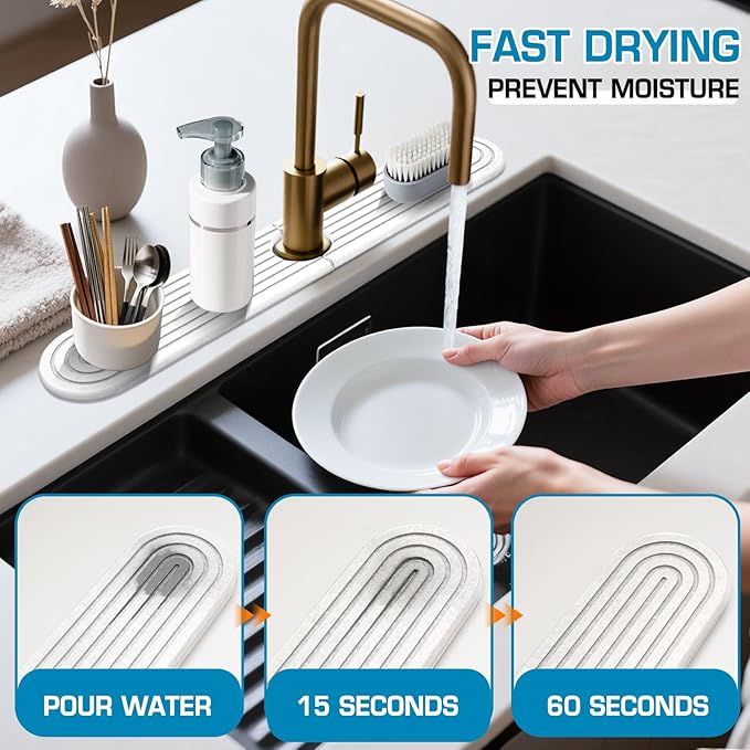 White-Oval 23.6" Diatomite Kitchen Faucet Mat Stone Sink Tray – Quick Drying