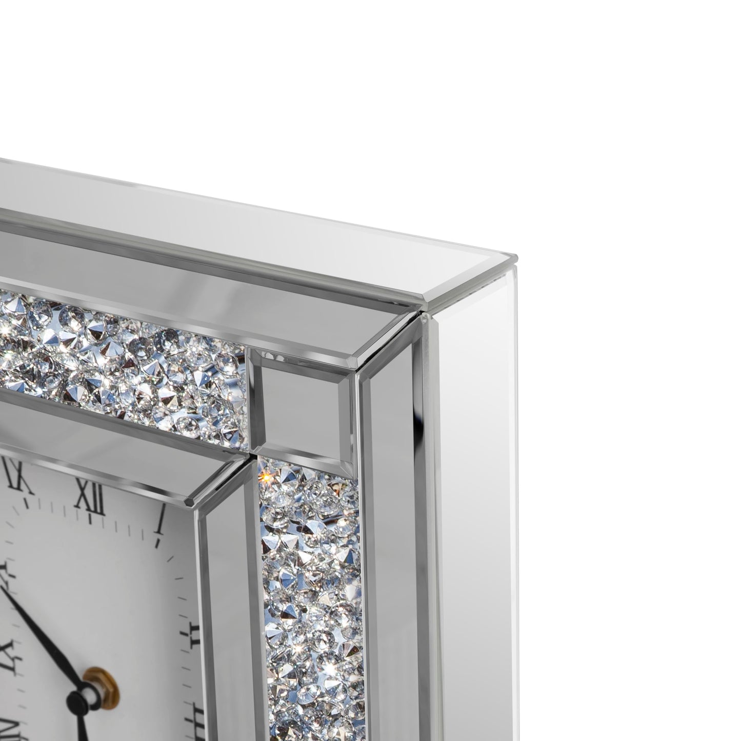 SHYFOY Mirrored Desk Clock with Crushed Diamond Inlay, 13" Decorative Table Clock, Silver Beveled Glass Mantel Clock, Non-Ticking Roman Numeral Tabletop Clock for Living Room Office Shelf Decor