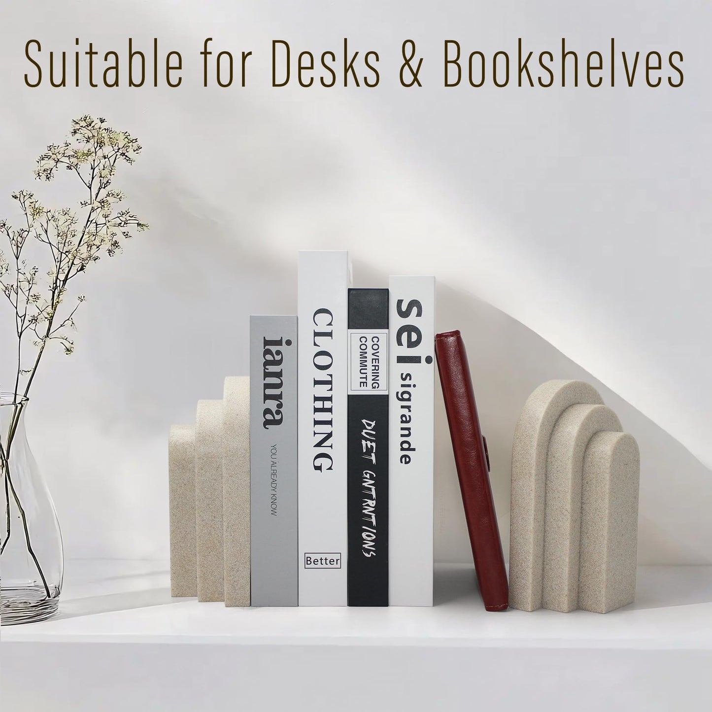LIN CHUAN Heavy Duty Bookends for Shelves, 6.6 LBS Heavy Book Ends for Heavy Books, Decorative Modern Bookends with Faux Sandstone Look, Layered Arch Book Stopper for Bookshelf Holder Set of 2, Beige