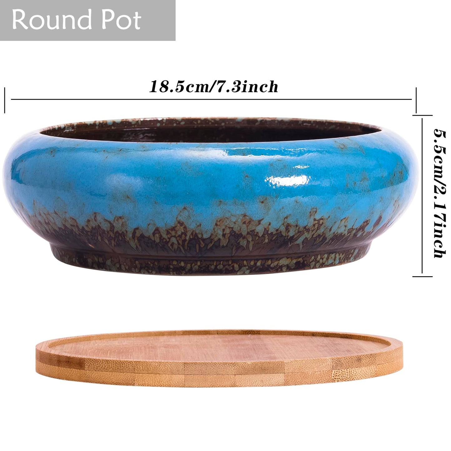 Succulent Pots, 1 Rectangle Planter + 1 Ceramic Bonsai Pot with Drain Tray, 2 Pack Large Shallow Succulent Planters for Indoor Plants, Round Cactus Flower Plant Pot for Desk Windowsill Decor