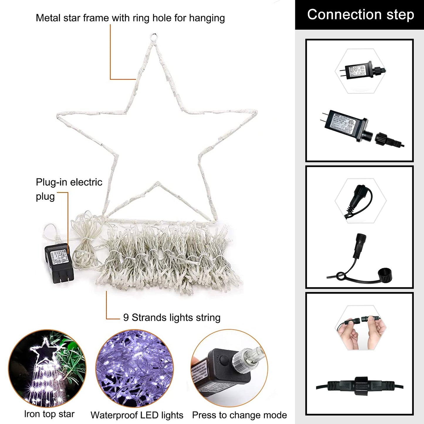 MINIAO Christmas Decorations Star String Lights, 320 LED Waterfall Tree Lights with 13" Topper Star 8 Lighting Modes Indoor Outdoor Decorative for New Year, Holiday, Wedding, Party