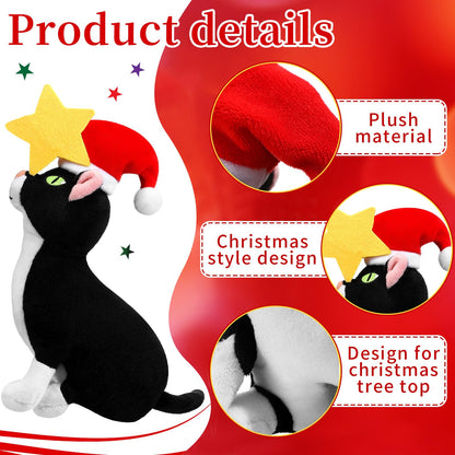 Shappy Christmas Tree Topper Decoration Black Cat Christmas Tree Topper with Star Plush Stuffed Christmas Tree Ornament Cat with Santa Hat Xmas Decoration for Cat Lovers Gift Ideas