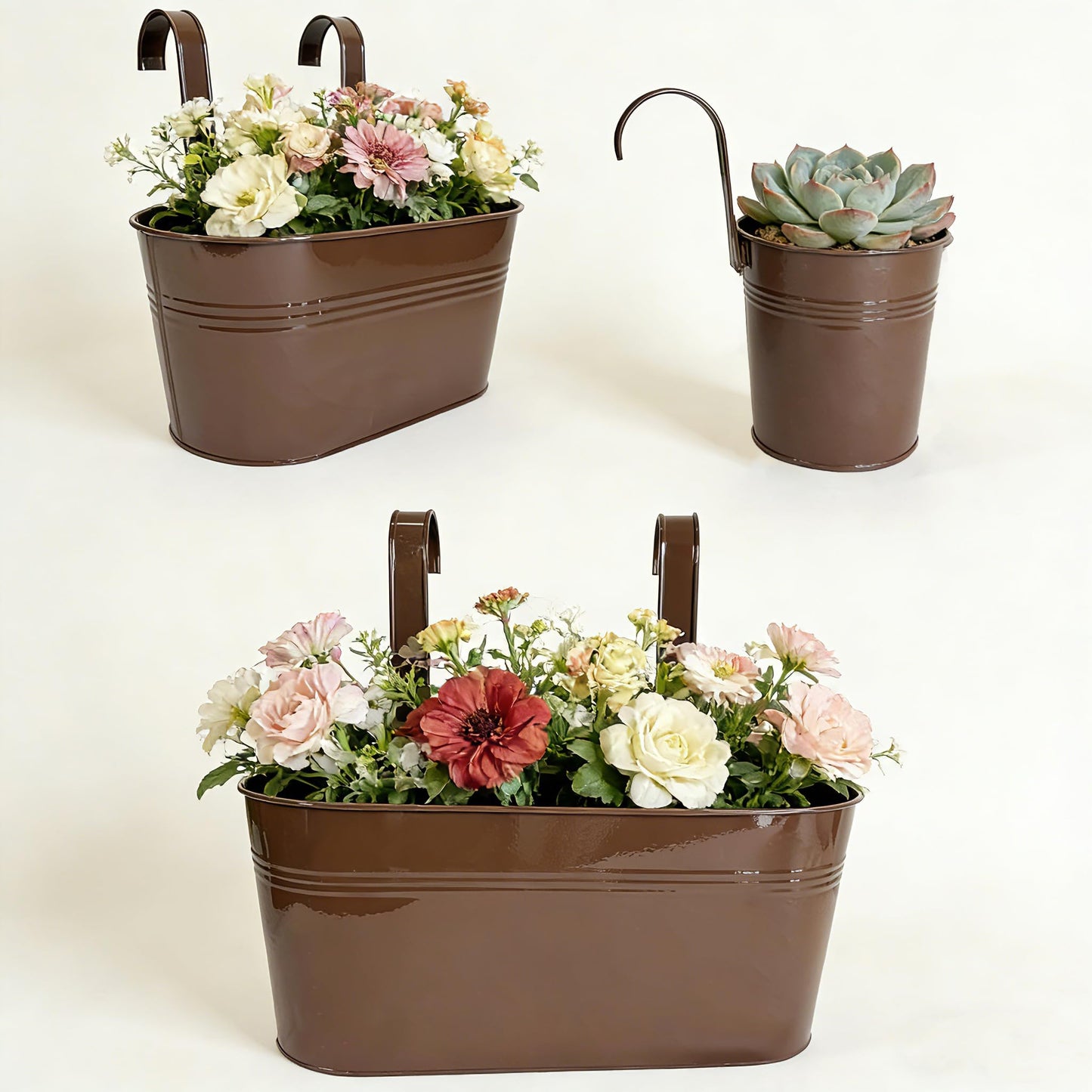 Joyfernal Set of 6 Balcony Hanging Planters, 2 Pcs 17" Metal Railing Flower Pots & 2 Pcs 12" Deck Planter & 2 Pcs 4" Fence Pot for Outdoor Patio Garden Décor, Chocolate